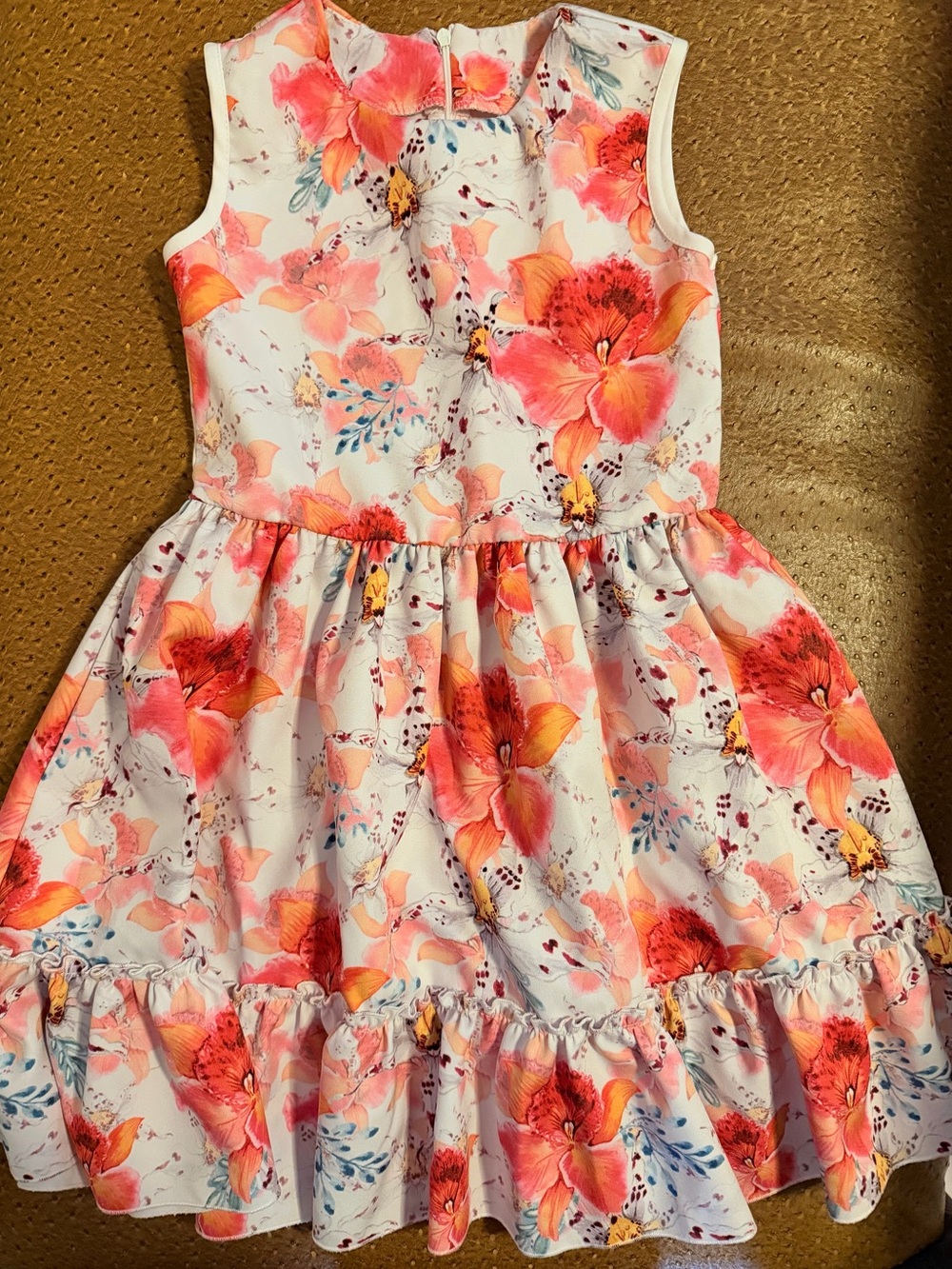🎀 Orange & White Floral Sleeveless Summer Dress for girls 8-10y old
